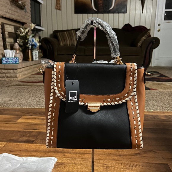 MFK Handbags - MKF Collection by Mia K Flora ~ Brown/Beige Leather W/ Flora Satchel Bag ~ New